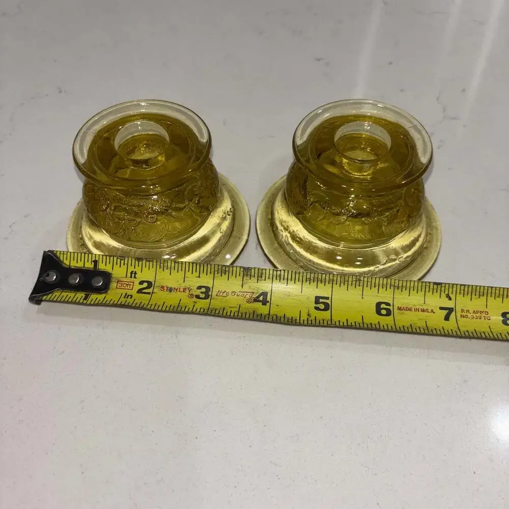 Vintage Federal Glass Madrid Amber Yellow Depression Glass Candle Holder Pair